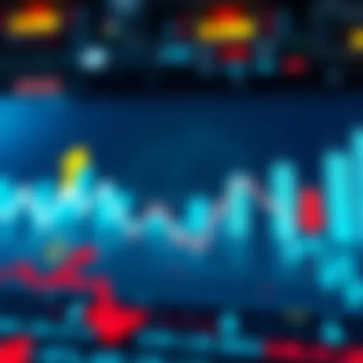 Graphs showing market fluctuations and trends with upward and downward arrows