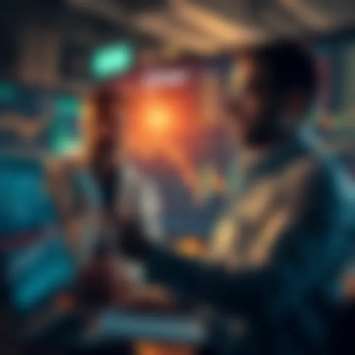 Experts analyzing market trends with charts and graphs showing a downward trend, symbolizing potential financial crisis.