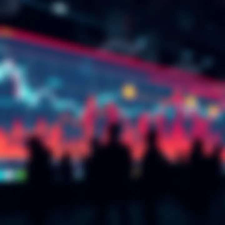 A graph showing market movements with arrows indicating upward and downward trends, alongside silhouettes of people observing the graph as they discuss among themselves.