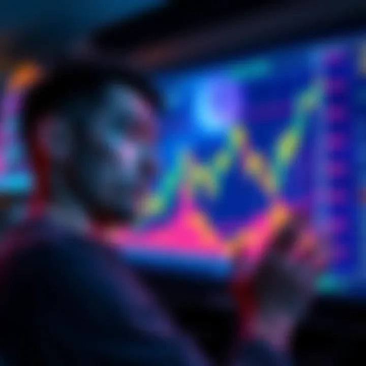 A person looking at a chart showing fluctuating cryptocurrency prices, appearing confused and concerned about their investments