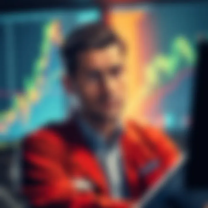 A graph showing stable prices with low trading volume, accompanied by a worried trader looking at the screen.