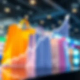 A graph showing rising market value trends with shopping bags in the background