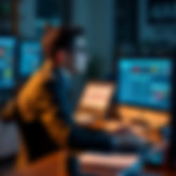 A marketing intern at a desk, looking at a computer screen with CMS options, looking thoughtful and engaged in research.