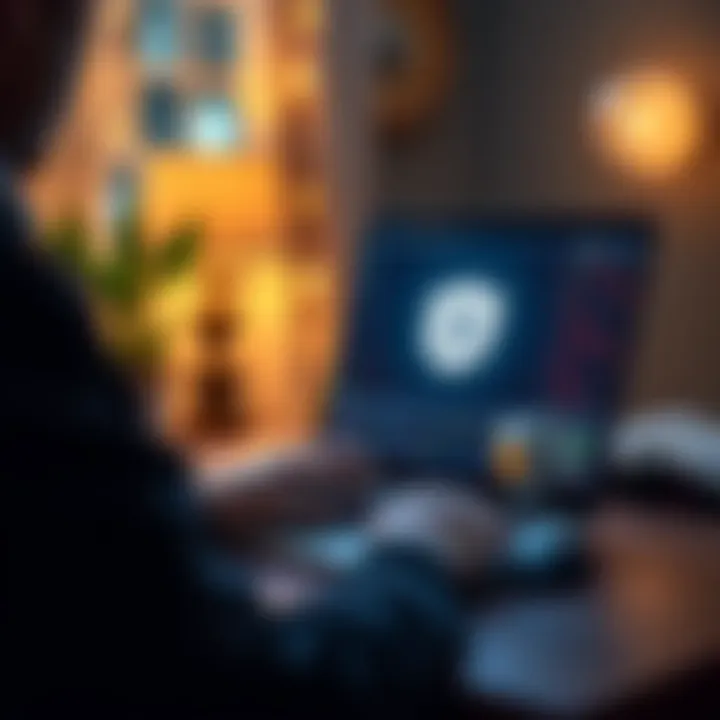 A person using a laptop in a cozy environment, with a Bitcoin logo and a shield symbol indicating privacy on the screen.