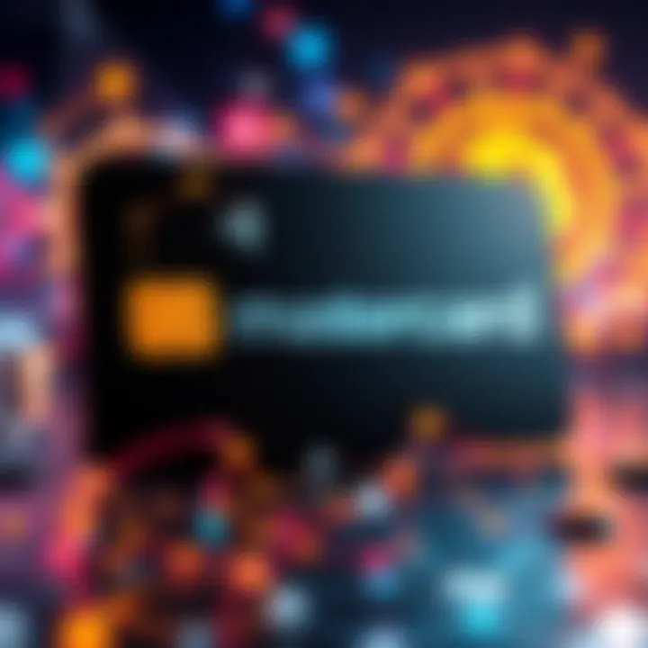 Mastercard logo with symbols of crypto currencies and blockchain technology in background, representing partnership in crypto payments