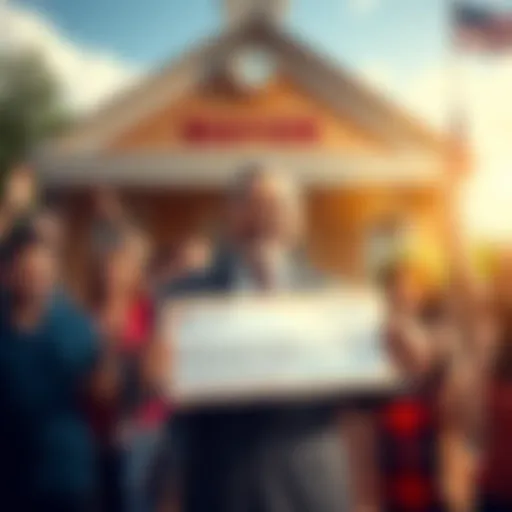 A smiling newly elected mayor holds a check in front of a small town hall, surrounded by happy community members celebrating the milestone.