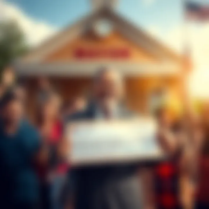 A smiling newly elected mayor holds a check in front of a small town hall, surrounded by happy community members celebrating the milestone.