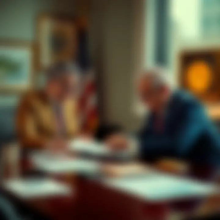 A mayor and a governor discussing budget plans at a meeting table with financial documents and charts