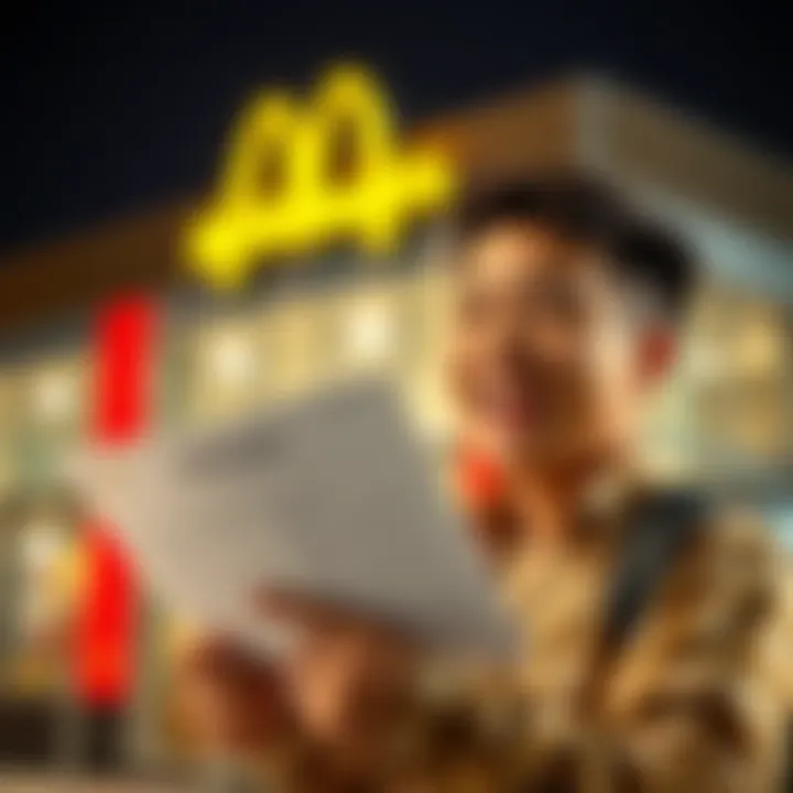 A person smiling while holding a McDonald's job application form, ready to submit it, with a McDonald's restaurant in the background