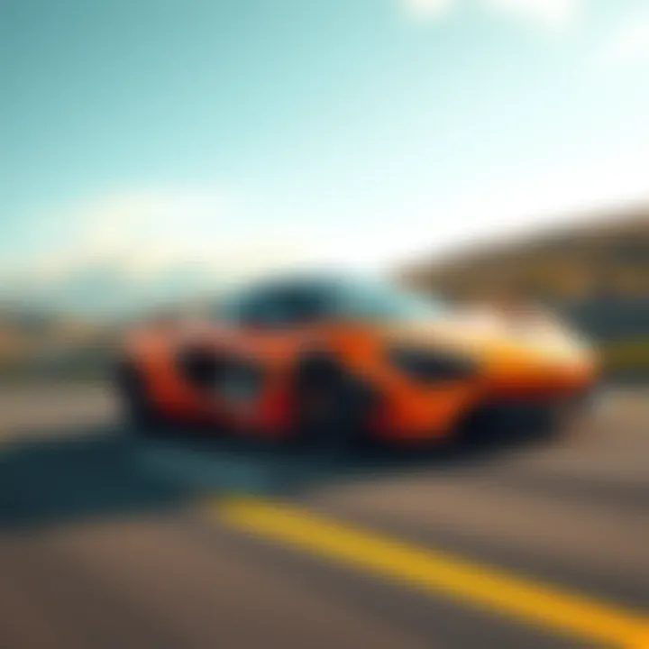 A sleek McLaren sports car speeding down a scenic highway, showcasing its modern design and vibrant color.