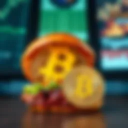 A McRib sandwich next to a Bitcoin symbol, representing the connection between fast food and cryptocurrency trading.