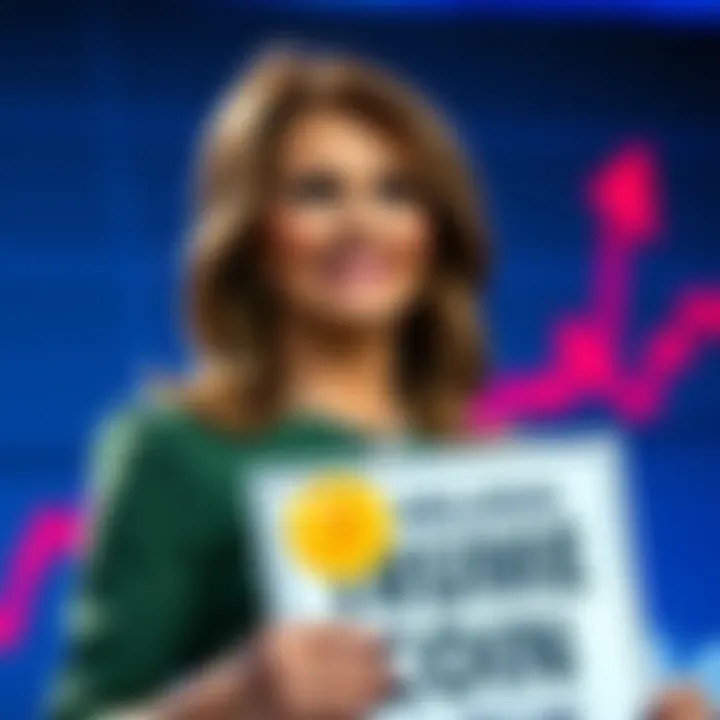 Melania Trump smiling and holding a sign for a meme coin, with a graph showing a rise in value in the background