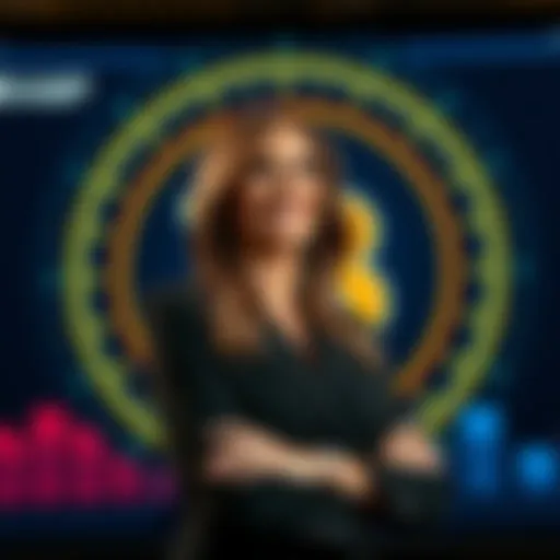 Melania Trump standing in front of a graphic displaying a memecoin logo, looking confident with a smile.