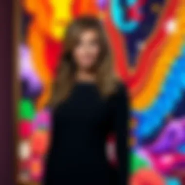 Melania Trump standing beside vibrant NFT art, symbolizing her financial success in digital collectibles
