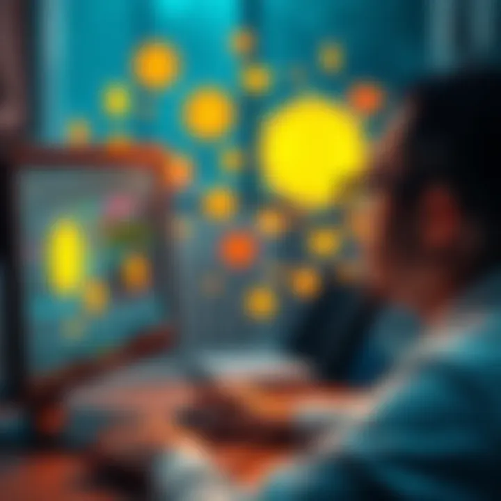 A person looking at a computer screen with meme coin graphics, pondering a decision about pulling rugs or staying invested, surrounded by social media icons and dollar signs.