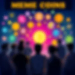 A group of people talking about meme coins, with symbols of various cryptocurrencies in the background.
