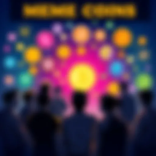 A group of people talking about meme coins, with symbols of various cryptocurrencies in the background.