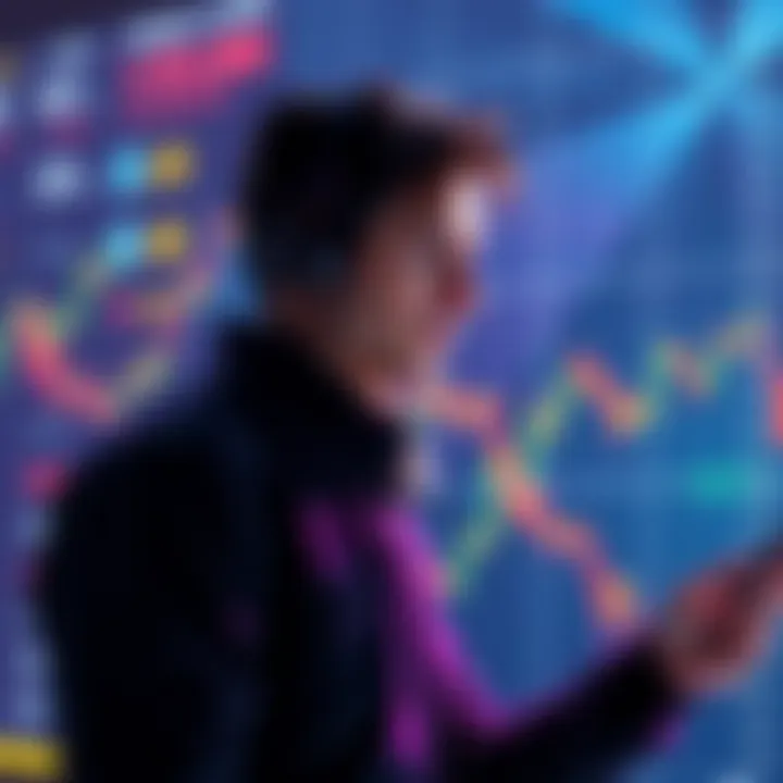 A chart showing fluctuating meme coin values with a person analyzing data and thinking.