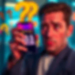 A person looking confused while staring at a smartphone displaying a meme coin’s value of 3.5 million, surrounded by question marks, symbolizing doubt and liquidity issues.
