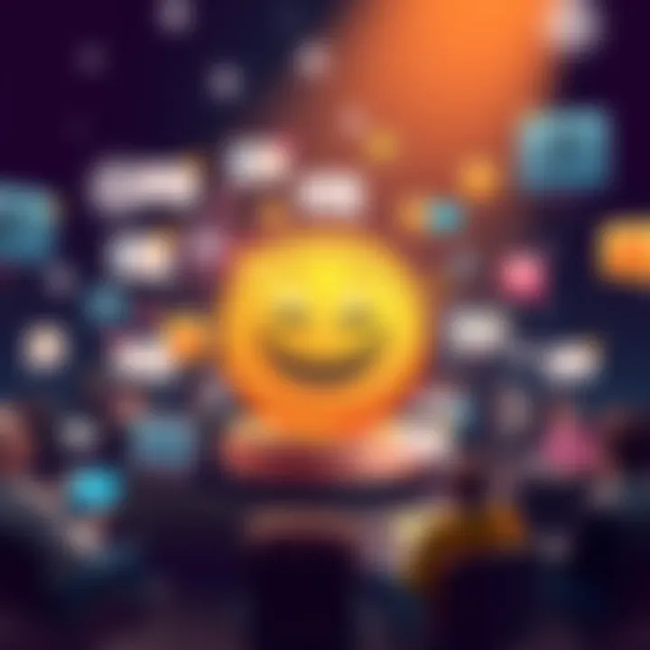 A graphic showing a coin with a funny face, surrounded by chat bots and people engaging on forums.