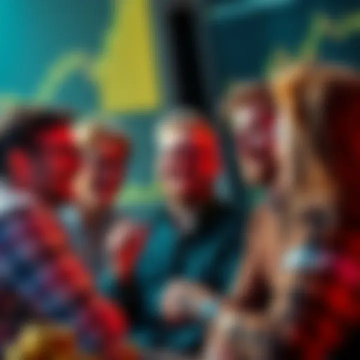 A group of people chatting about meme coins, showing a mix of laughter and serious expressions, with coins and charts in the background.