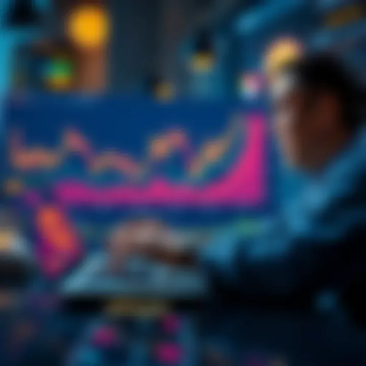 A chart showing price fluctuations of various meme coins with an investor examining the data on a laptop.