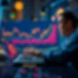 Meme Coins Overview A chart showing price fluctuations of various meme coins with an investor examining the data on a laptop.