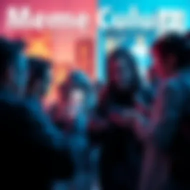 A group of people discussing a meme on their phones, showing conflicting reactions to meme theft.