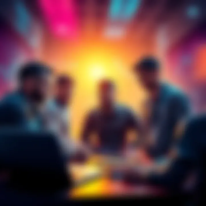 A group of developers discussing ideas and strategies for memecoin projects, with a laptop and cryptocurrency charts visible.