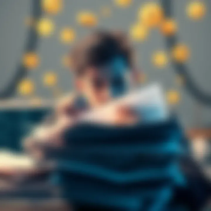 A person looking stressed while sorting through stacks of documents and cryptocurrency symbols, representing the tax implications of memecoin trading.