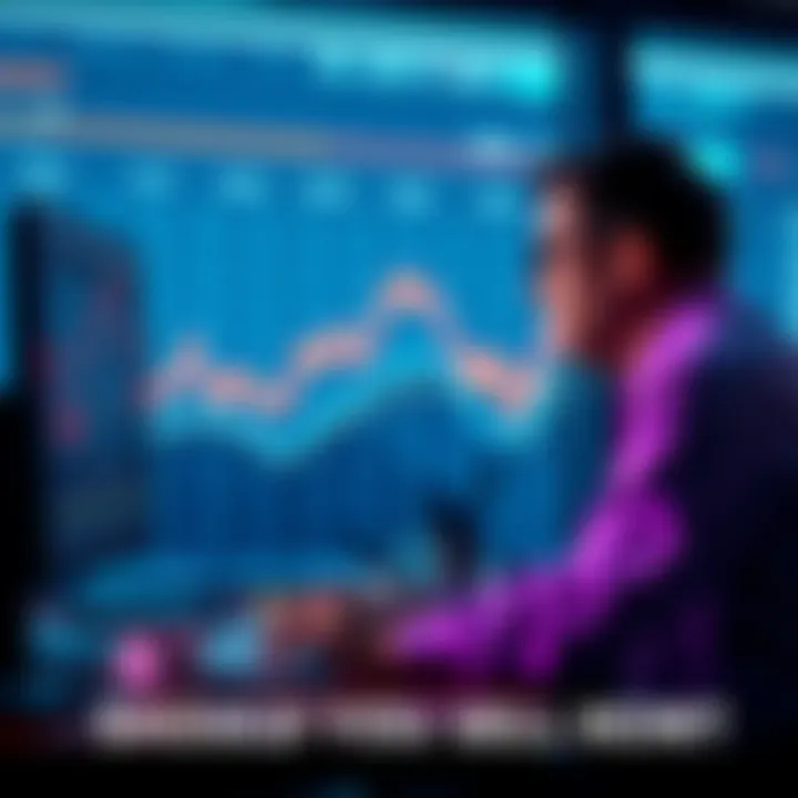 A graph showing fluctuating memecoin values with a worried investor looking at a computer screen