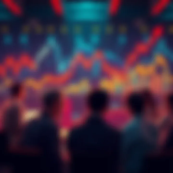 A group of people discussing memecoins and investment strategies with digital charts showing price trends in the background.