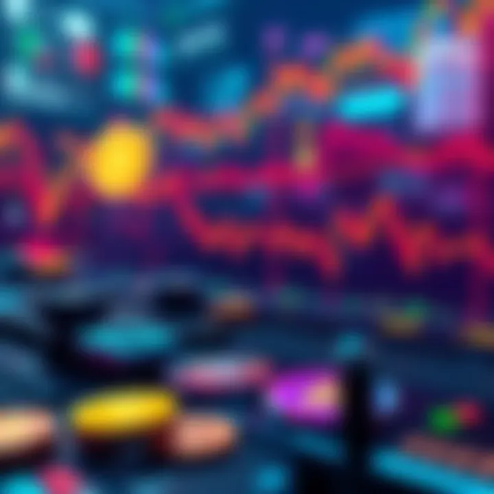 A digital representation of automated trading for memecoins, featuring charts and cryptocurrency symbols in a dynamic trading environment.
