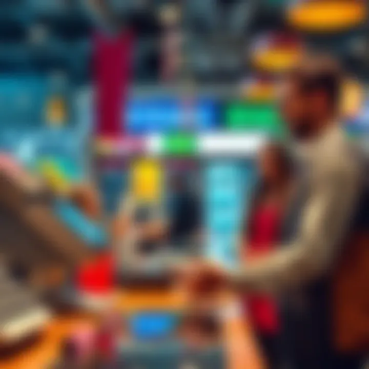 A merchant at a checkout counter accepting USDC payments with a mobile app while maintaining a cash register and dollar notes in view.