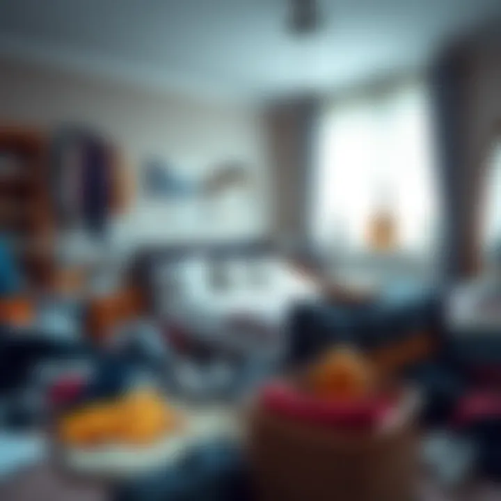 A cluttered bedroom featuring an unmade bed surrounded by clothes and belongings scattered on the floor