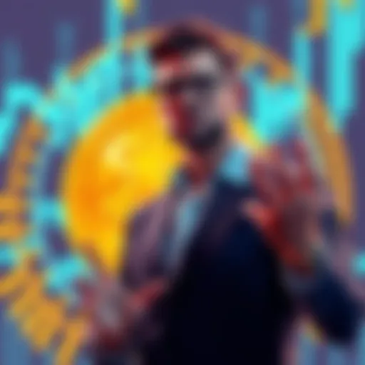 Michael Saylor stands in front of a Bitcoin logo, urging people to invest more in cryptocurrency, with a confident expression.