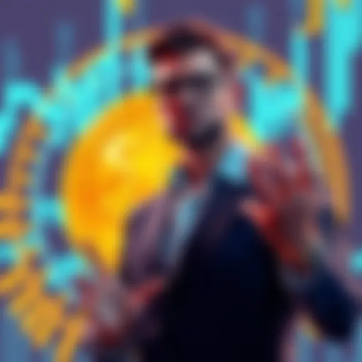 Michael Saylor stands in front of a Bitcoin logo, urging people to invest more in cryptocurrency, with a confident expression.