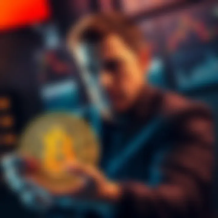 Michael Saylor with Bitcoin symbol and a graph showing rising market trends