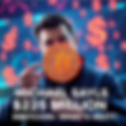 Michael Saylor selling Bitcoin, showing a digital representation of Bitcoin with dollar signs