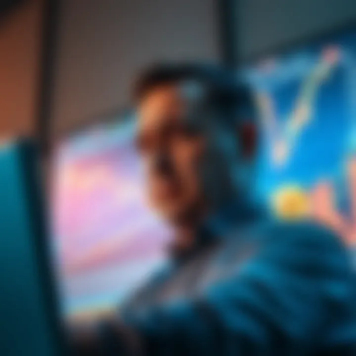 A concerned investor looking at a falling Bitcoin graph on a screen, representing challenges in Michael Saylor's Bitcoin venture.