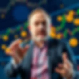 Michael Saylor presenting his new strategy for buying Bitcoin, with charts and Bitcoin symbols in the background