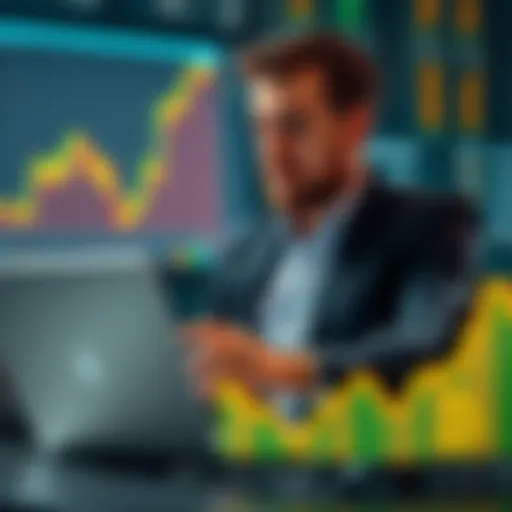 A businessman analyzing Bitcoin charts with a laptop, reflecting on investment strategies akin to the dot-com boom.