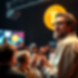 Michael Saylor speaking about Satoshi Nakamoto and Bitcoin volatility, with a crowd engaged in discussion