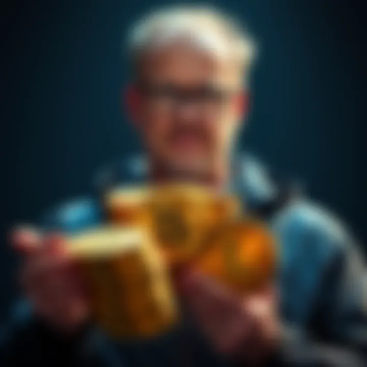 Michael Saylor holding a large stack of Bitcoin coins, symbolizing his major acquisition in the cryptocurrency market