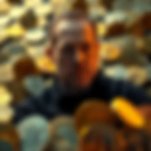Michael Saylor surrounded by Bitcoin coins, symbolizing his strategy for accumulating BTC holdings.
