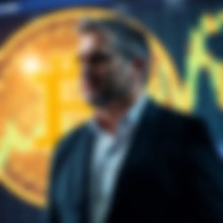 Michael Saylor standing with a Bitcoin symbol in the background, representing his business practices, compared to historical scammers.