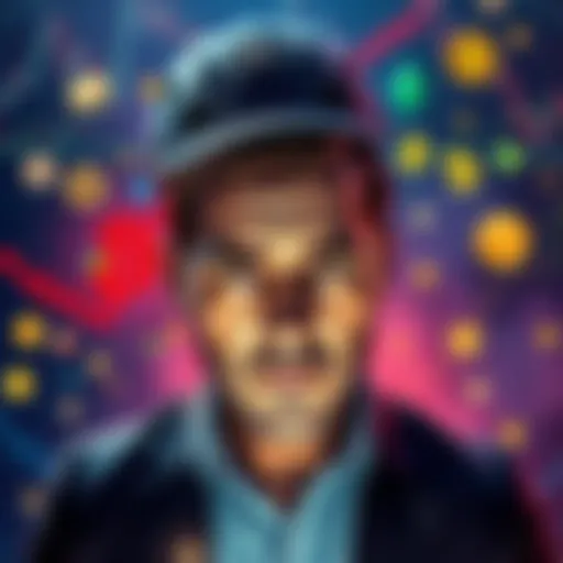A portrait of Michael Saylor looking concerned amidst cryptocurrency symbols and charts