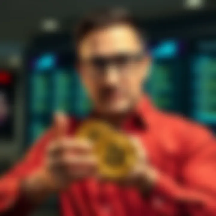 Michael Saylor confidently holding a Bitcoin, emphasizing the need to keep cryptocurrency during tough times.