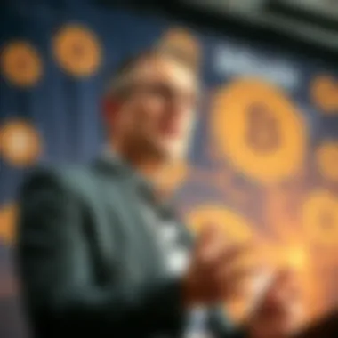 Michael Saylor speaking at a conference about the benefits of Bitcoin, with a banner displaying Bitcoin logos in the background