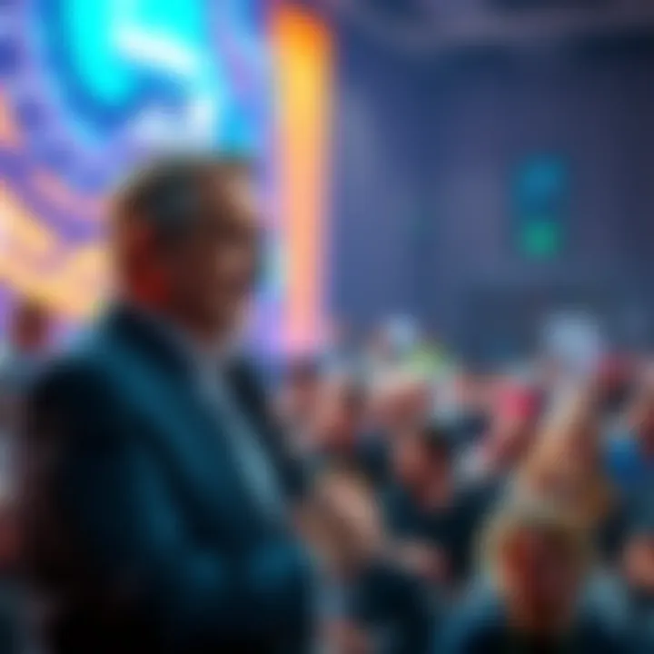 Michael Saylor making controversial comments about bitcoin at a conference, with an audience looking on in disbelief.